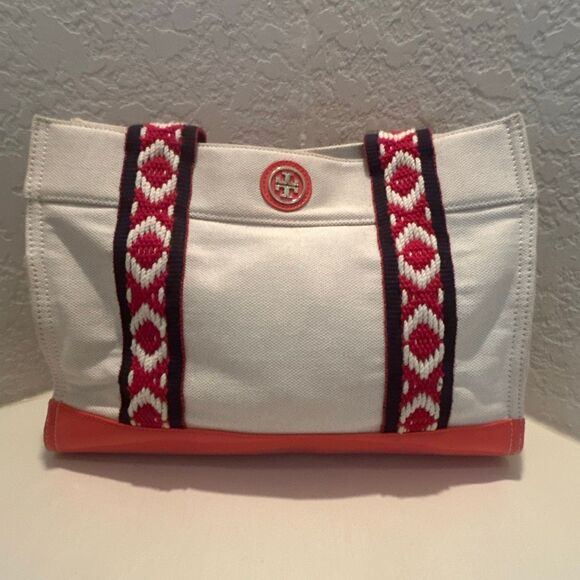 Tory Burch Canvas Tote Bag Neutral Blue Red Boho Strap Coastal Beach Vacation - Picture 1 of 12